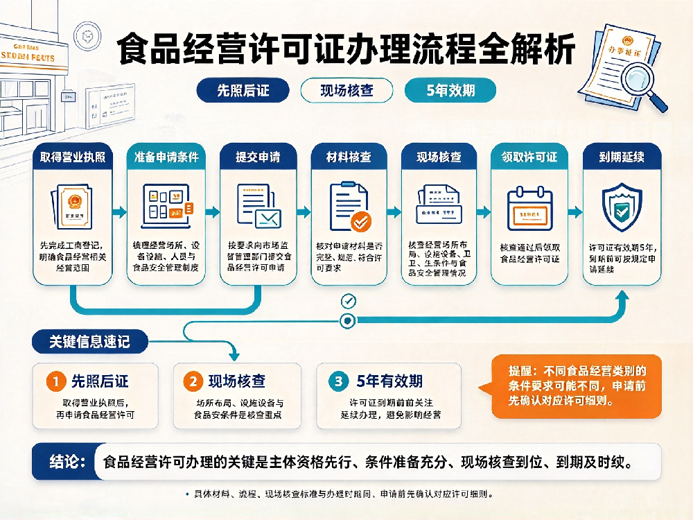 食品经营许可证办理流程全解析：先照后证、现场核查、5年有效期